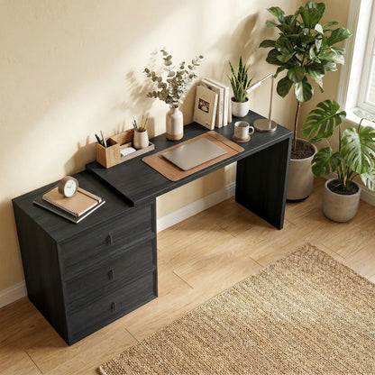 L-Shaped Computer Desk, 3 Drawers, Black Wood Grain, Black Computer Desks at Gallery Canada