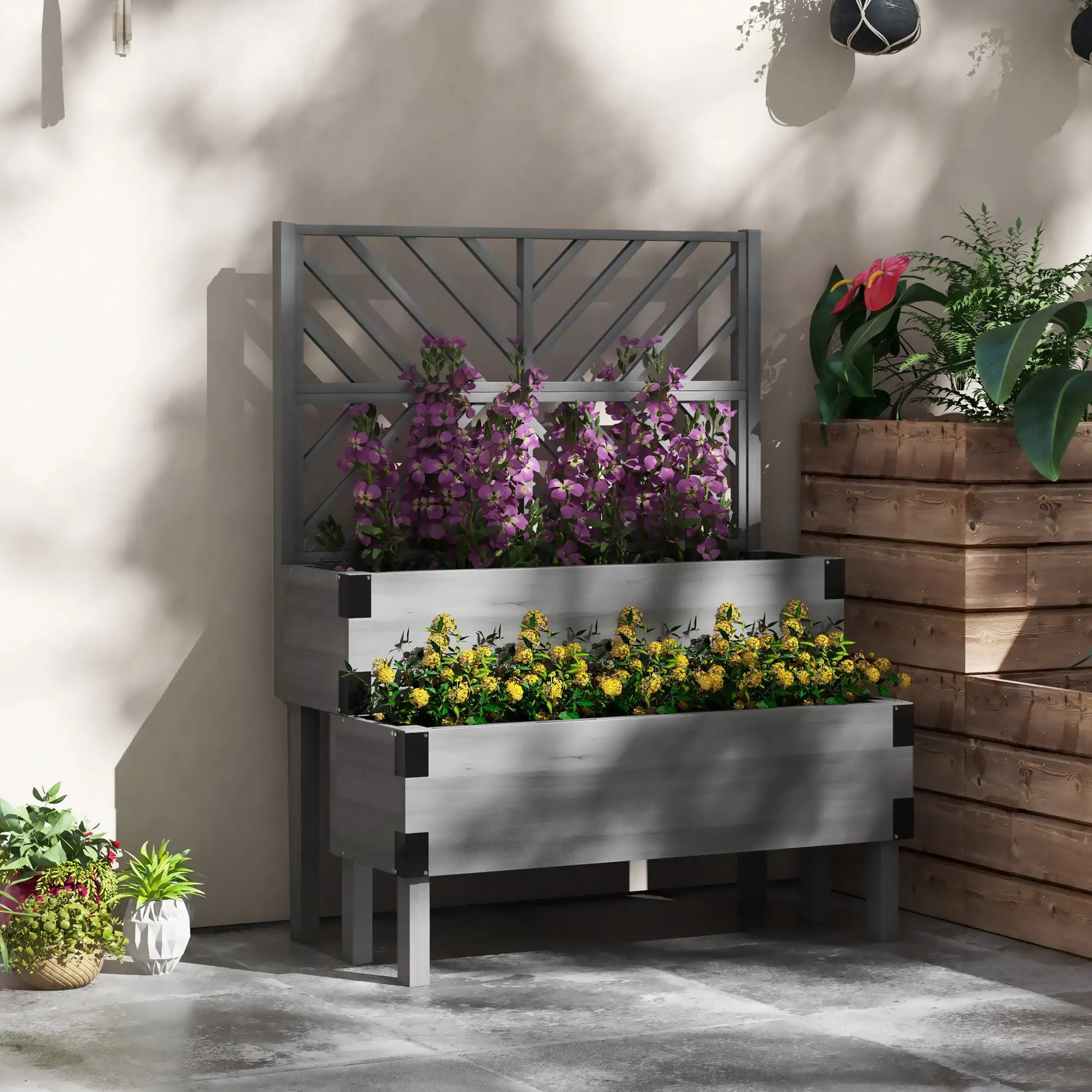 Raised Garden Bed with Trellis, 2 Tier Wooden Planter Box, Grey Elevated Garden Beds at Gallery Canada