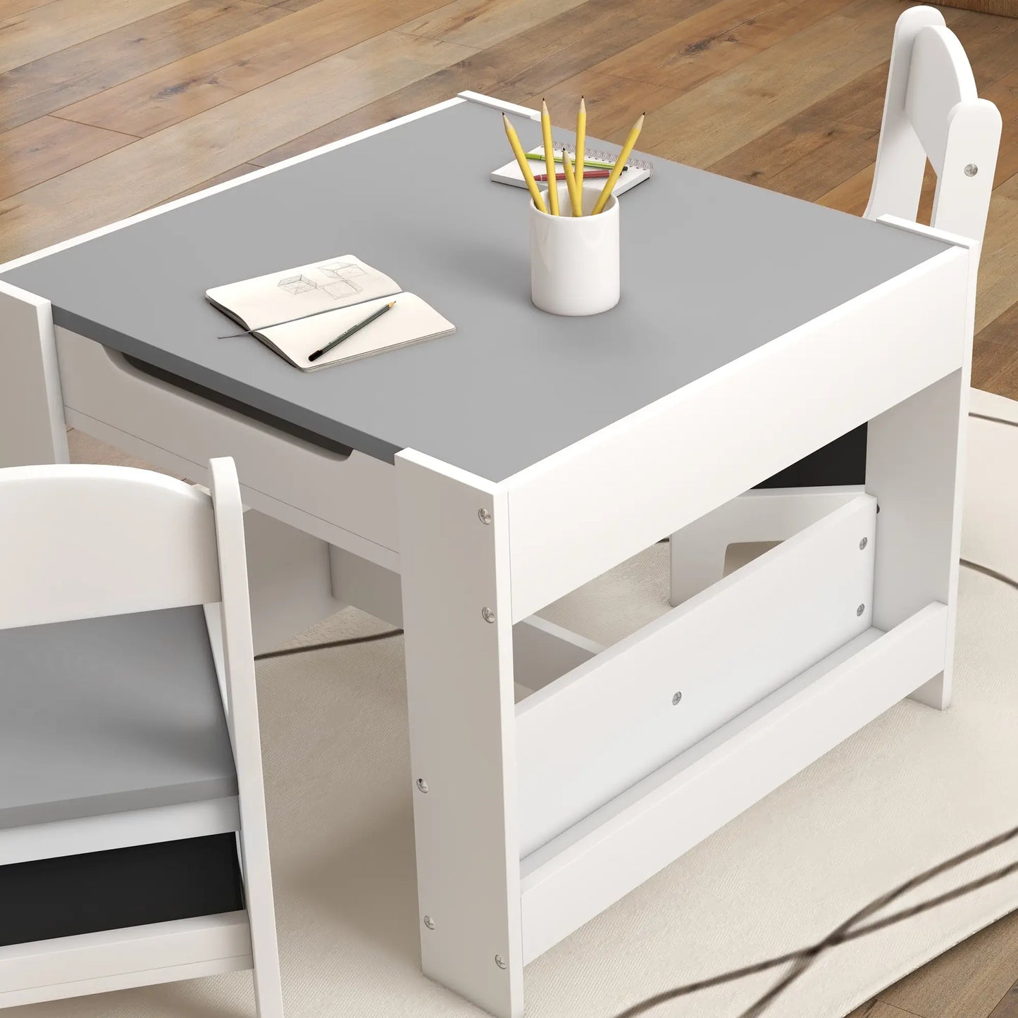 3 Piece Kids Table and Chair Set, Reversible Tabletop, Blackboard, Storage, Grey Kids Table Sets at Gallery Canada