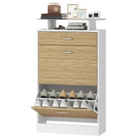 Armoire à chaussures fine, 2 tiroirs rabattables, étagères réglables, tiroir, plateau en verre