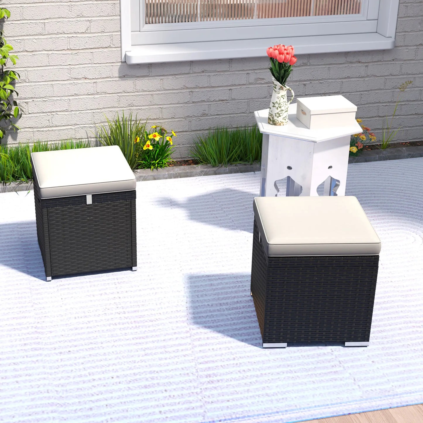2 Wicker Outdoor Ottomans with Storage, Removable Cushion, Grey Patio Furniture Sets at Gallery Canada