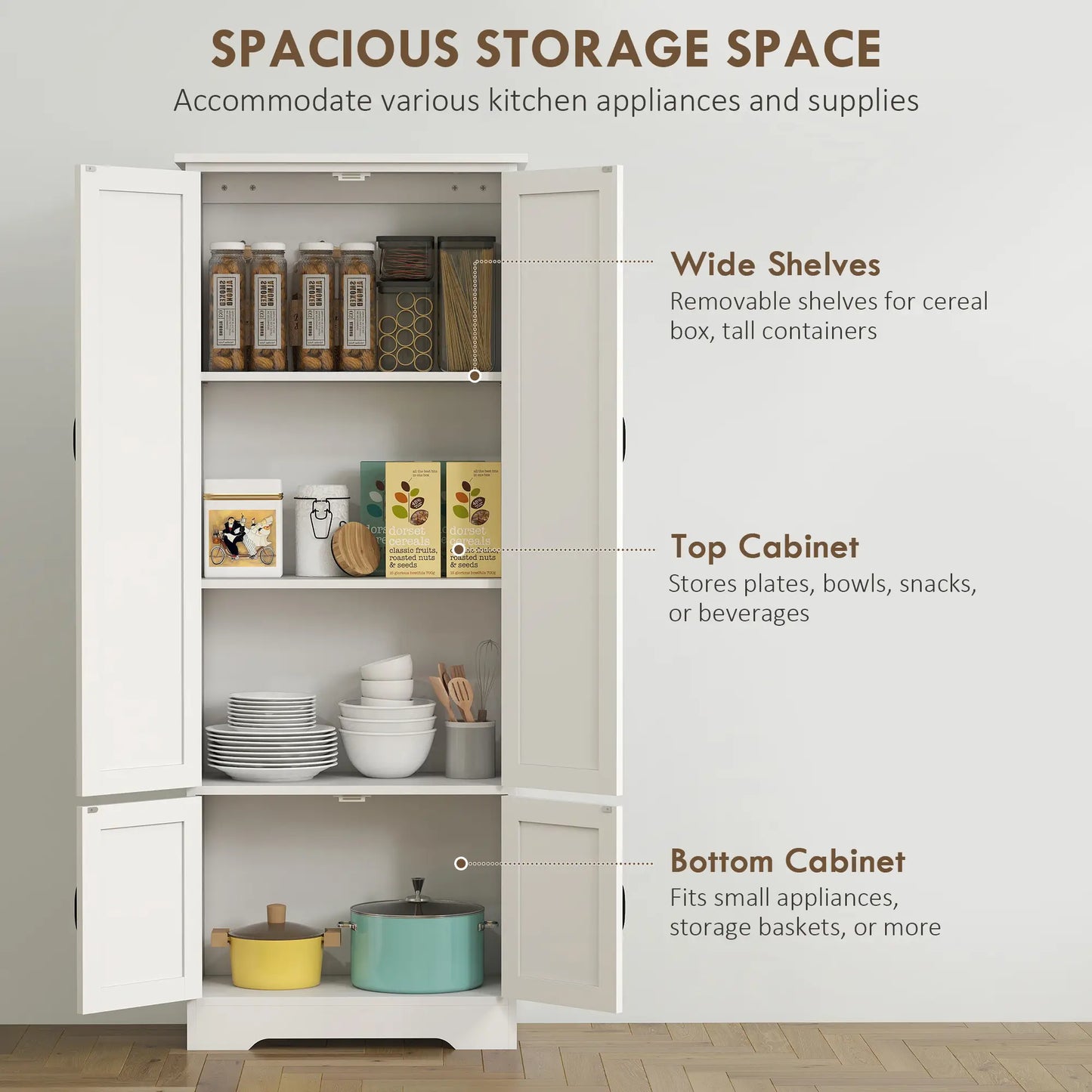 60" 4-Door Storage Cabinet, Adjustable Shelves, Large Pantry, White Kitchen Pantry Cabinets at Gallery Canada