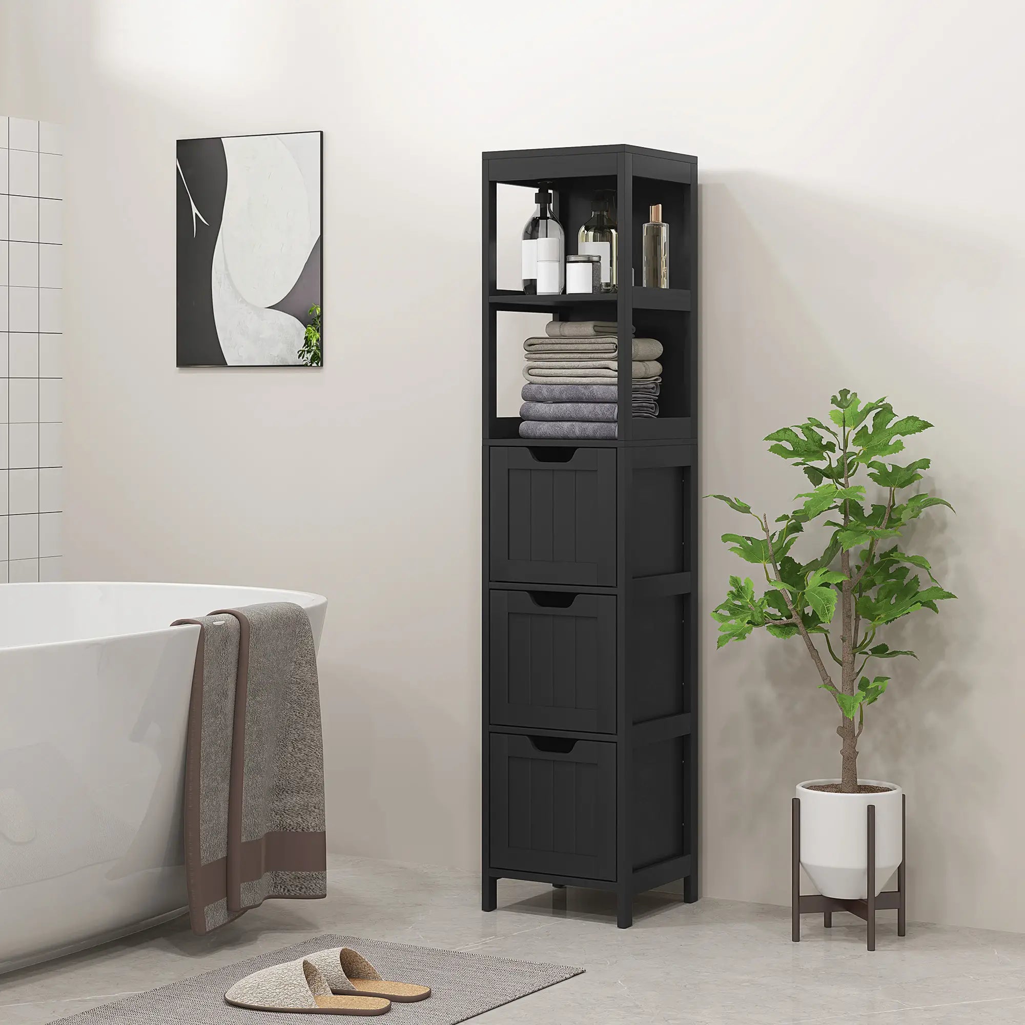 Narrow Bathroom Cabinet, 3 Drawers, 2 Tier Shelf, Tall Cupboard, Black Bathroom Cabinets at Gallery Canada
