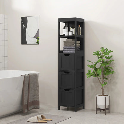 Narrow Bathroom Cabinet, 3 Drawers, 2 Tier Shelf, Tall Cupboard, Black Bathroom Cabinets at Gallery Canada