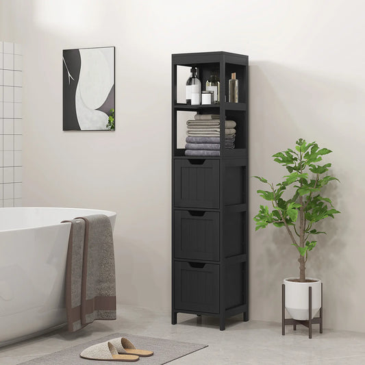Narrow Bathroom Cabinet, 3 Drawers, 2 Tier Shelf, Tall Cupboard, Black Bathroom Cabinets Black at Gallery Canada