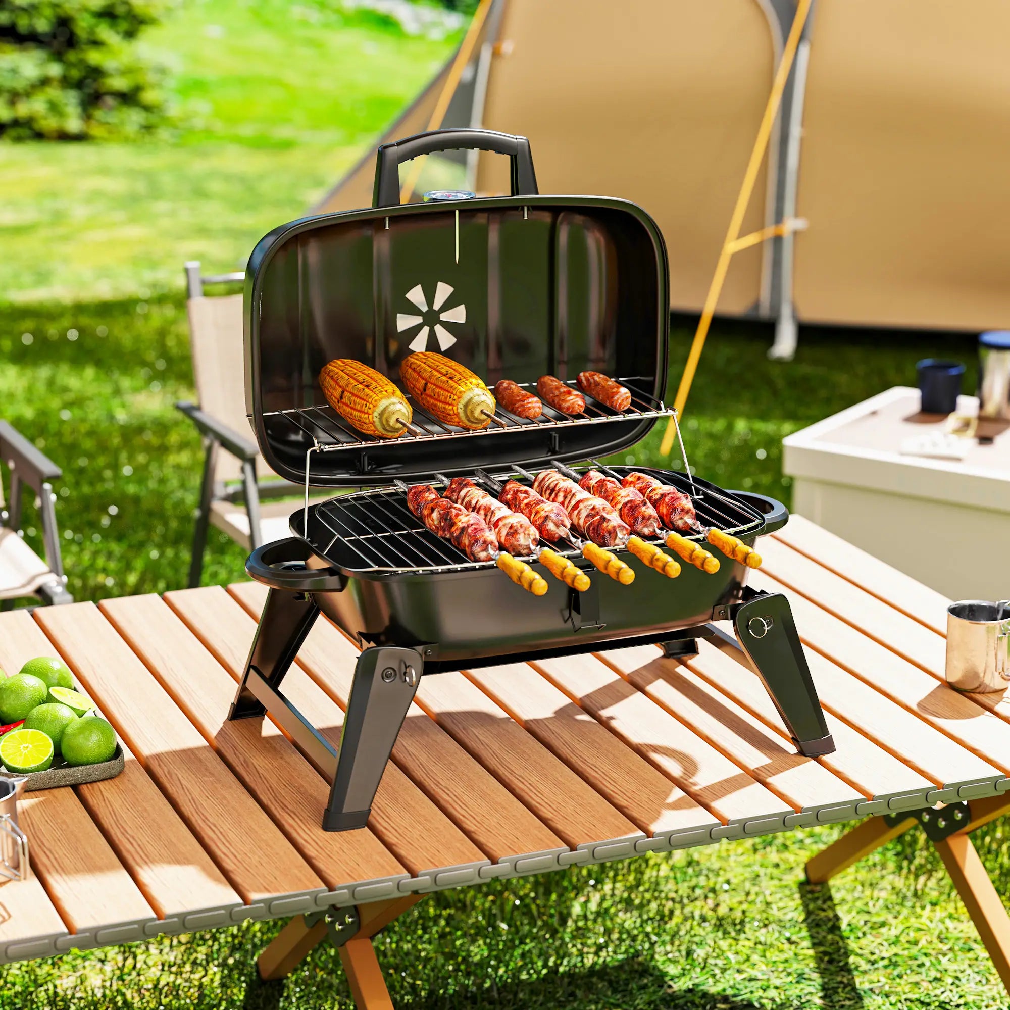 Foldable Charcoal BBQ Grill With Warming Rack, Adjustable Vent, Thermometer, Black Charcoal BBQ Grils at Gallery Canada