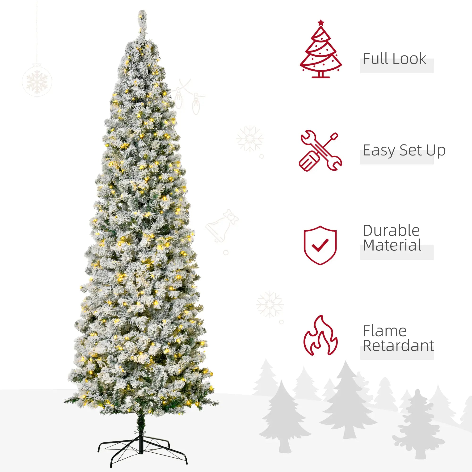 9 Feet Prelit Snow Flocked Pencil Christmas Tree, Warm White LED, Green Pre Lit Christmas Trees at Gallery Canada
