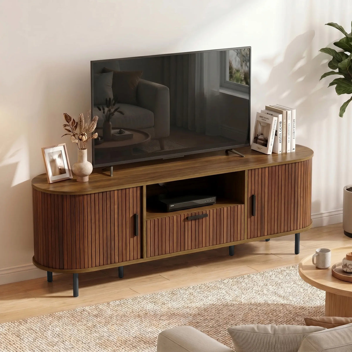 TV Stand for TVs up to 60", Modern Entertainment Center with Curved Sliding Doors and Storage, Brown TV Stands at Gallery Canada
