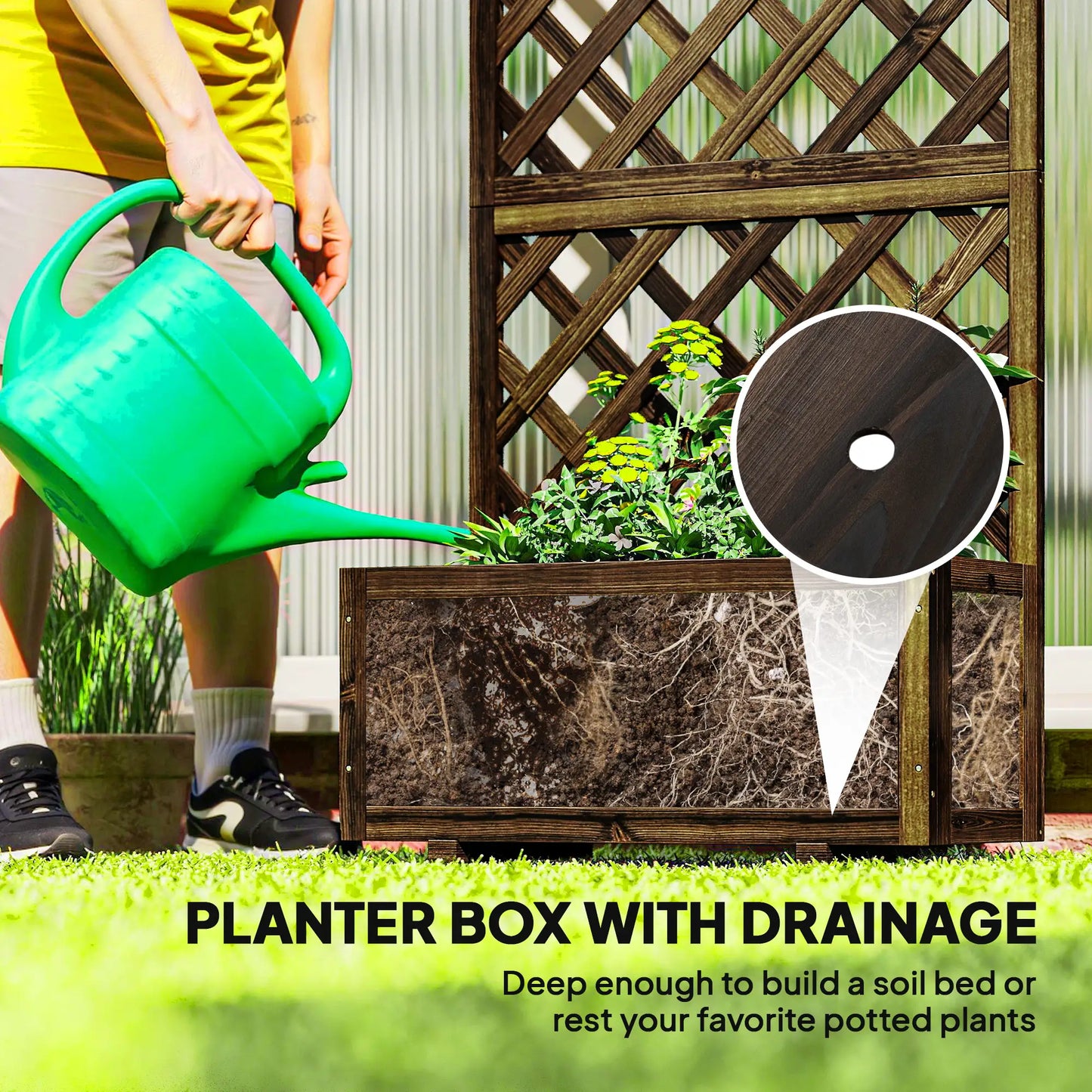 2.4 x 1 x 4.9 ft Wooden Pine Trough Planter with Trellis, Carbonized Wooden Planter Boxes at Gallery Canada