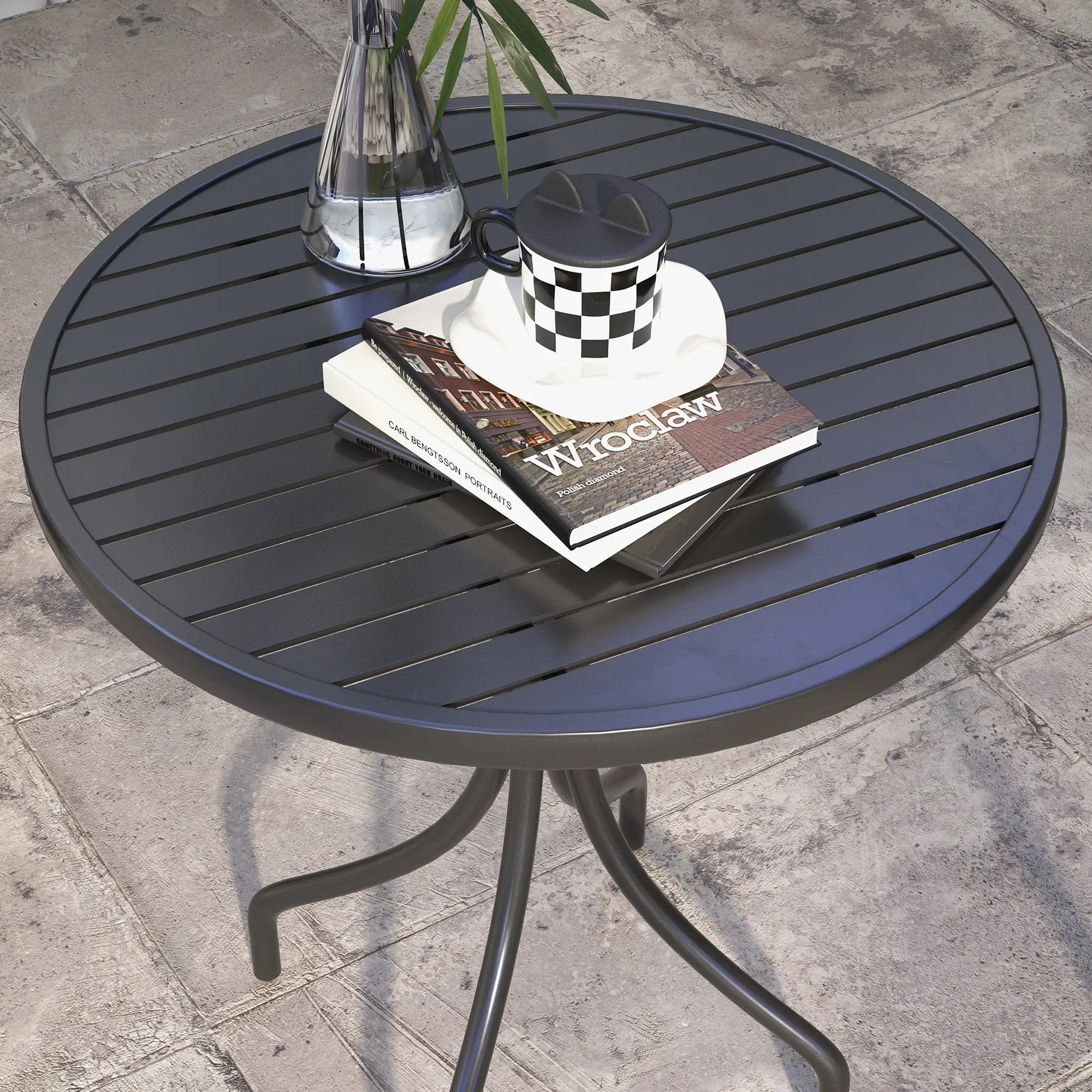 26" Round Patio Table, Outdoor Side Table, Steel Frame, Slat Tabletop, Black Patio Side Tables at Gallery Canada