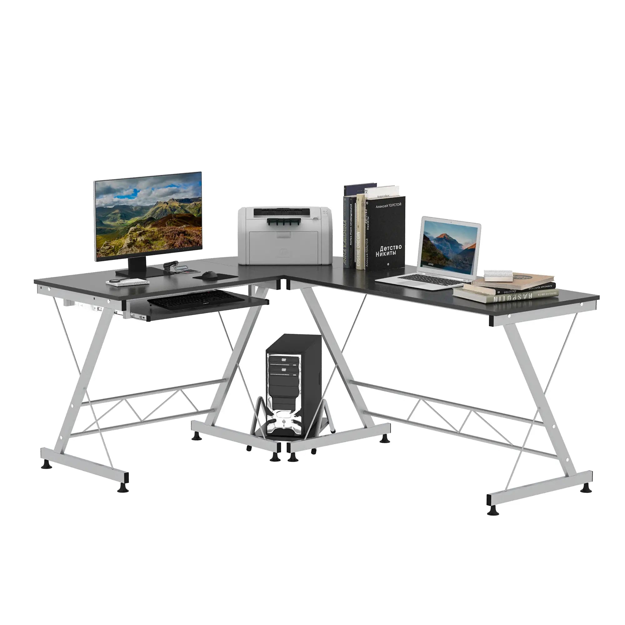 L-Shaped Computer Desk, Corner Table with Keyboard Tray, Home Office Computer Desks Black, Silver at Gallery Canada
