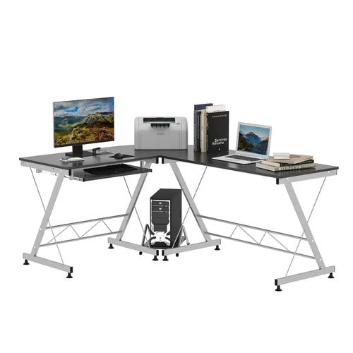 L-Shaped Computer Desk, Corner Table with Keyboard Tray, Home Office