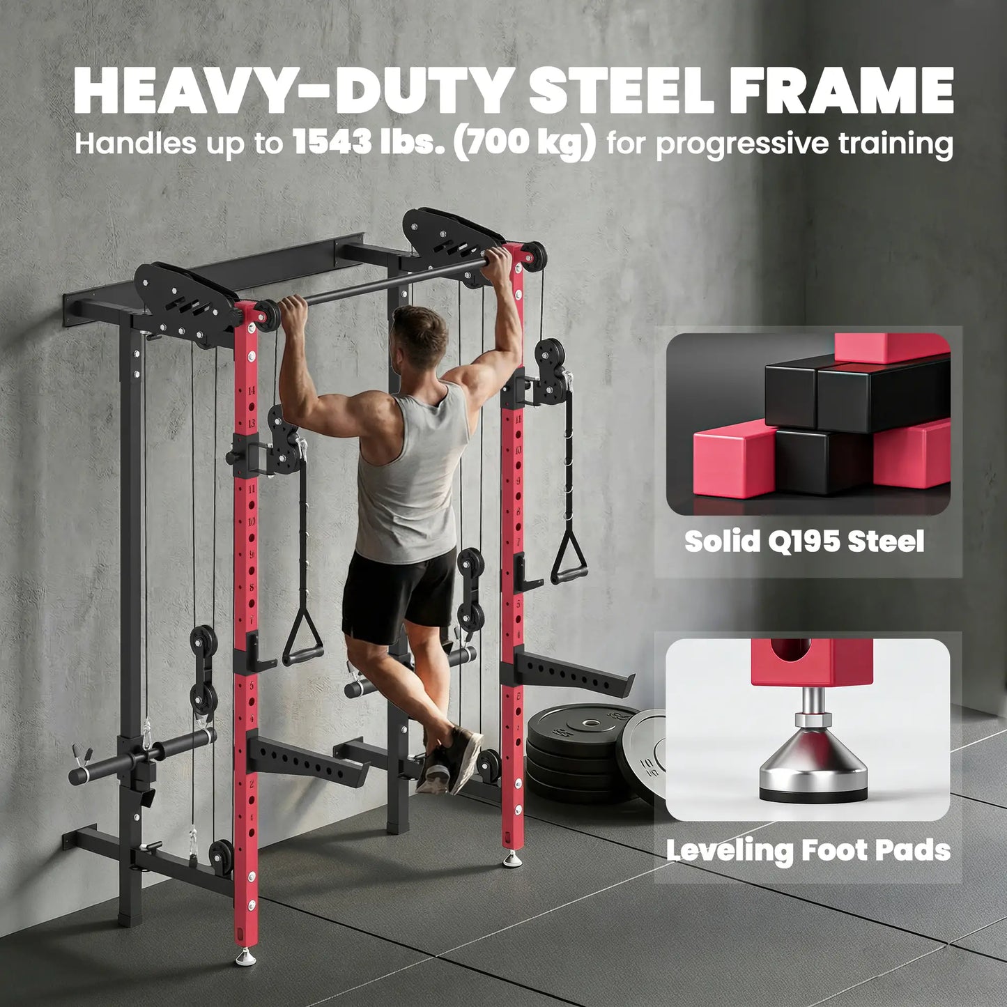 Foldable Power Cage With Pull-Up Bar, Cable Pulley System, 1540 Lbs