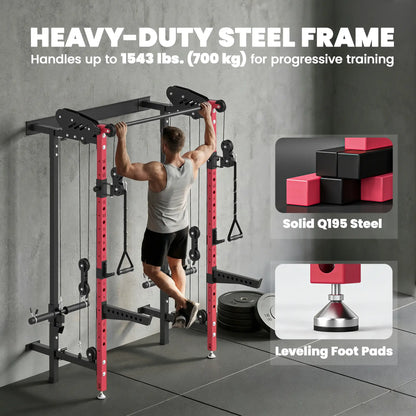 Foldable Power Cage With Pull-Up Bar, Cable Pulley System, 1540 Lbs