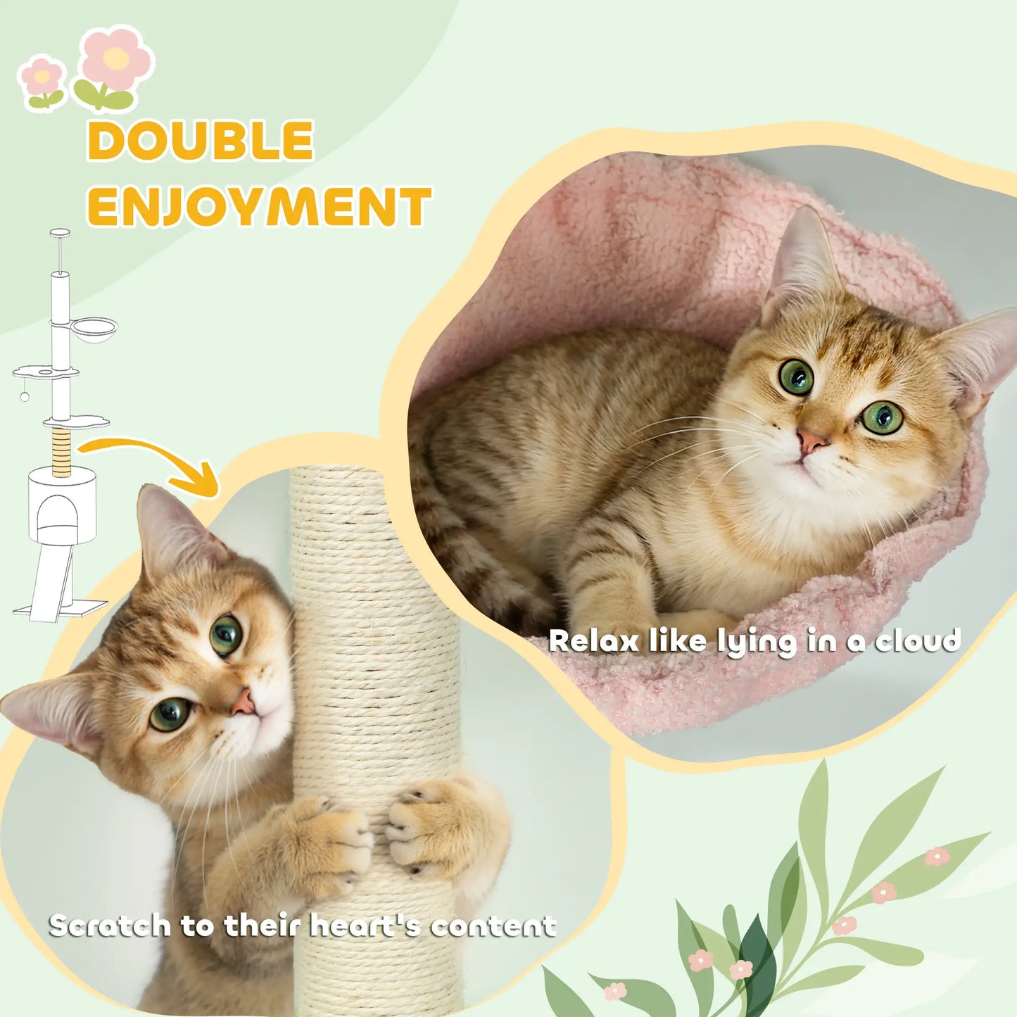 87"-94.5" Cat Tree, Sisal Scratching Post, Condo, Hammock, Ramp, Perches, Green Floor to Ceiling Cat Trees at Gallery Canada