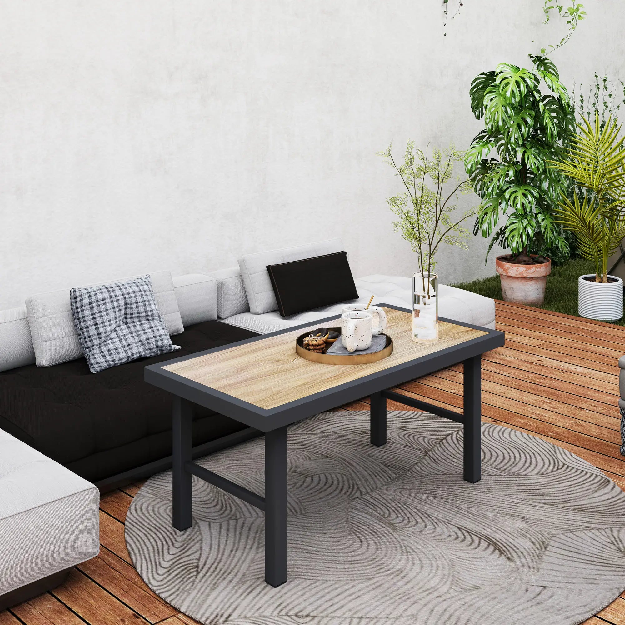 Outdoor Side Table, SPC Woodgrain Tabletop, Metal Patio Coffee Table, Brown Patio Side Tables at Gallery Canada