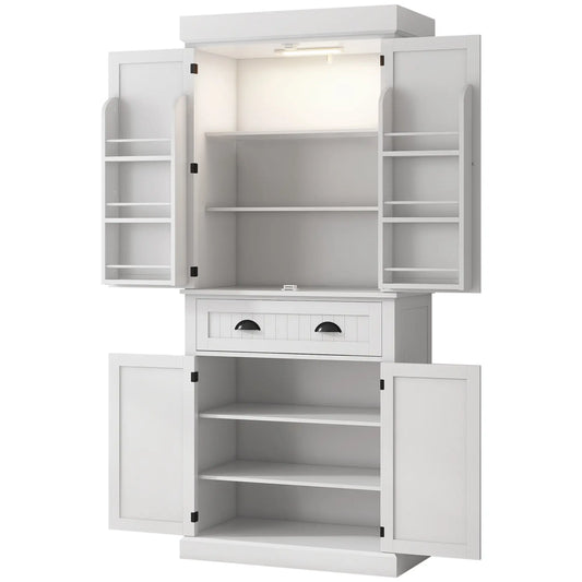 71" Kitchen Pantry Cabinet, LED Lights, 6 Spice Racks, Drawer, 4 Shelves, White Kitchen Pantry Cabinets White at Gallery Canada
