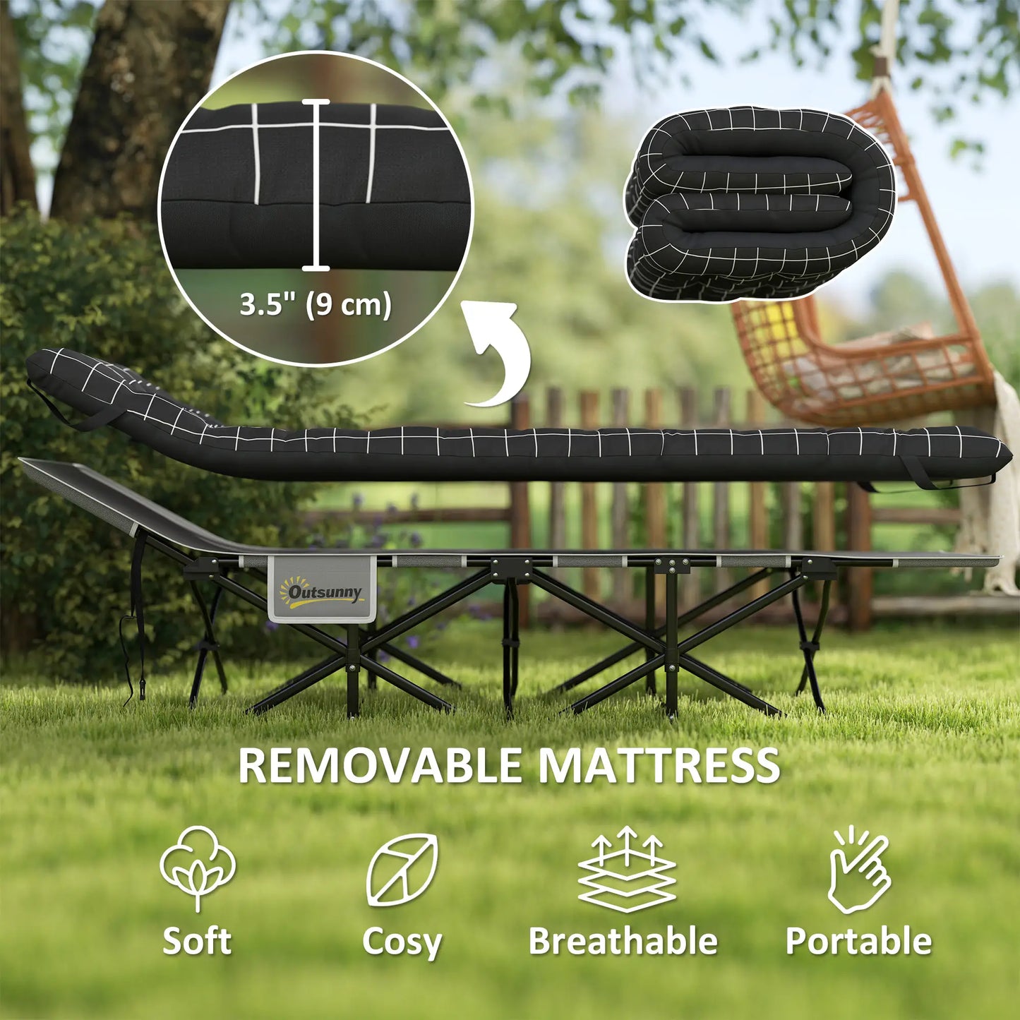 26.4" Wide Folding Camping Cot, Mattress, Storage Pocket, Carry Bag, 330 LBS, Black Camping Cots at Gallery Canada