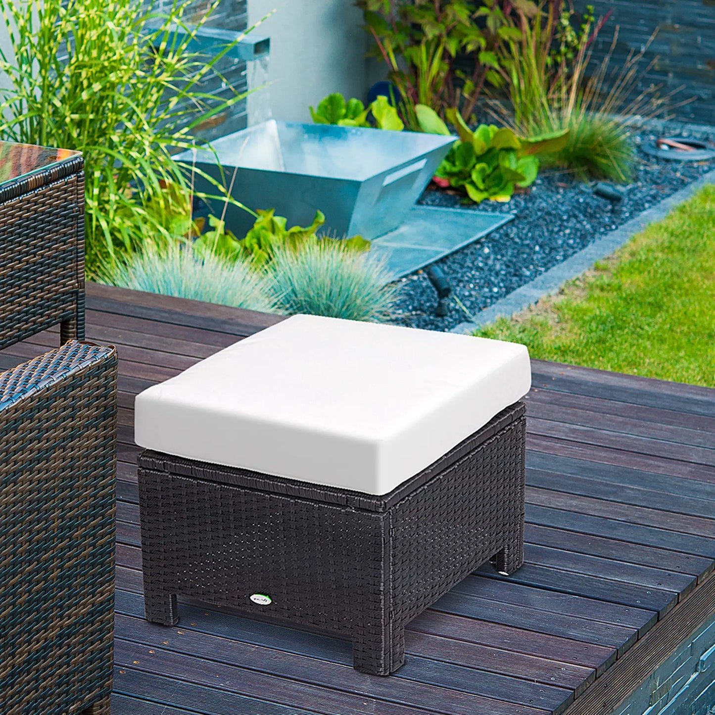 Patio Rattan Ottoman, Outdoor Wicker Footrest with Cushion, White Patio Furniture Sets at Gallery Canada