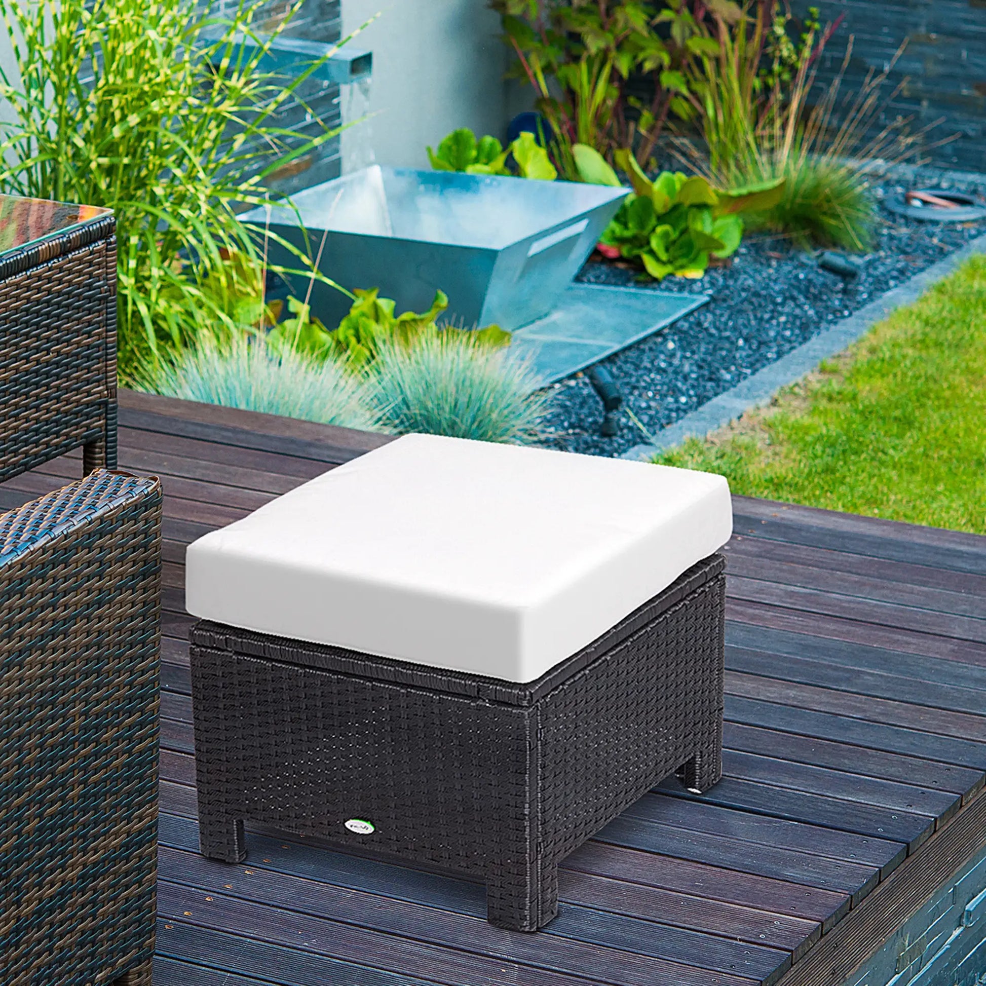 Patio Rattan Ottoman, Outdoor Wicker Footrest with Cushion, White Patio Furniture Sets at Gallery Canada