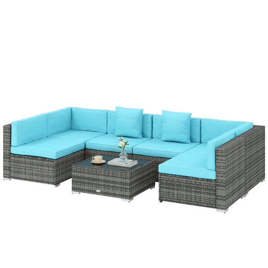 7 Piece Patio Furniture Set, PE Rattan Outdoor Conversation Set with Sectional Sofa Patio Furniture Sets Grey Rattan, Blue Fabric at Gallery Canada