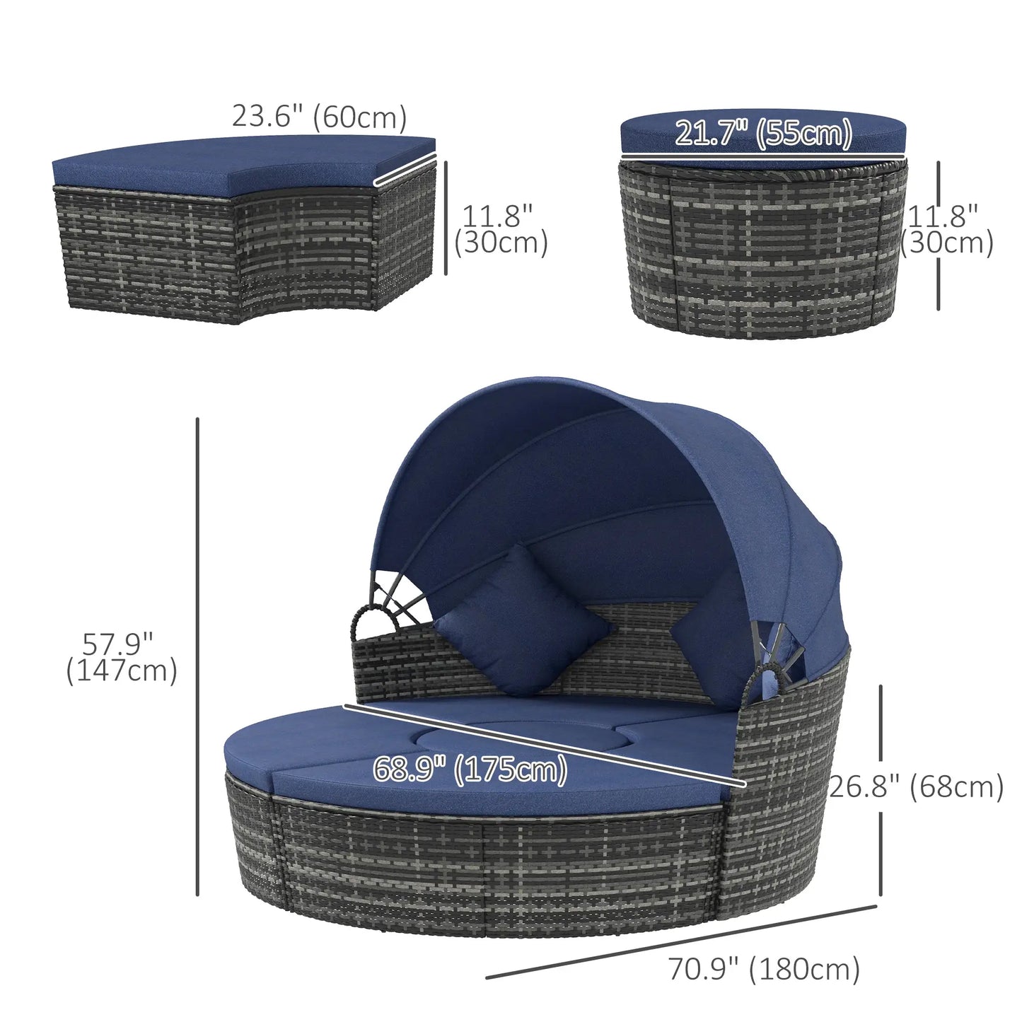 Outdoor Daybed with Canopy, Wicker Round Sofa, 4 Pieces, Dark Blue Patio Furniture Sets at Gallery Canada