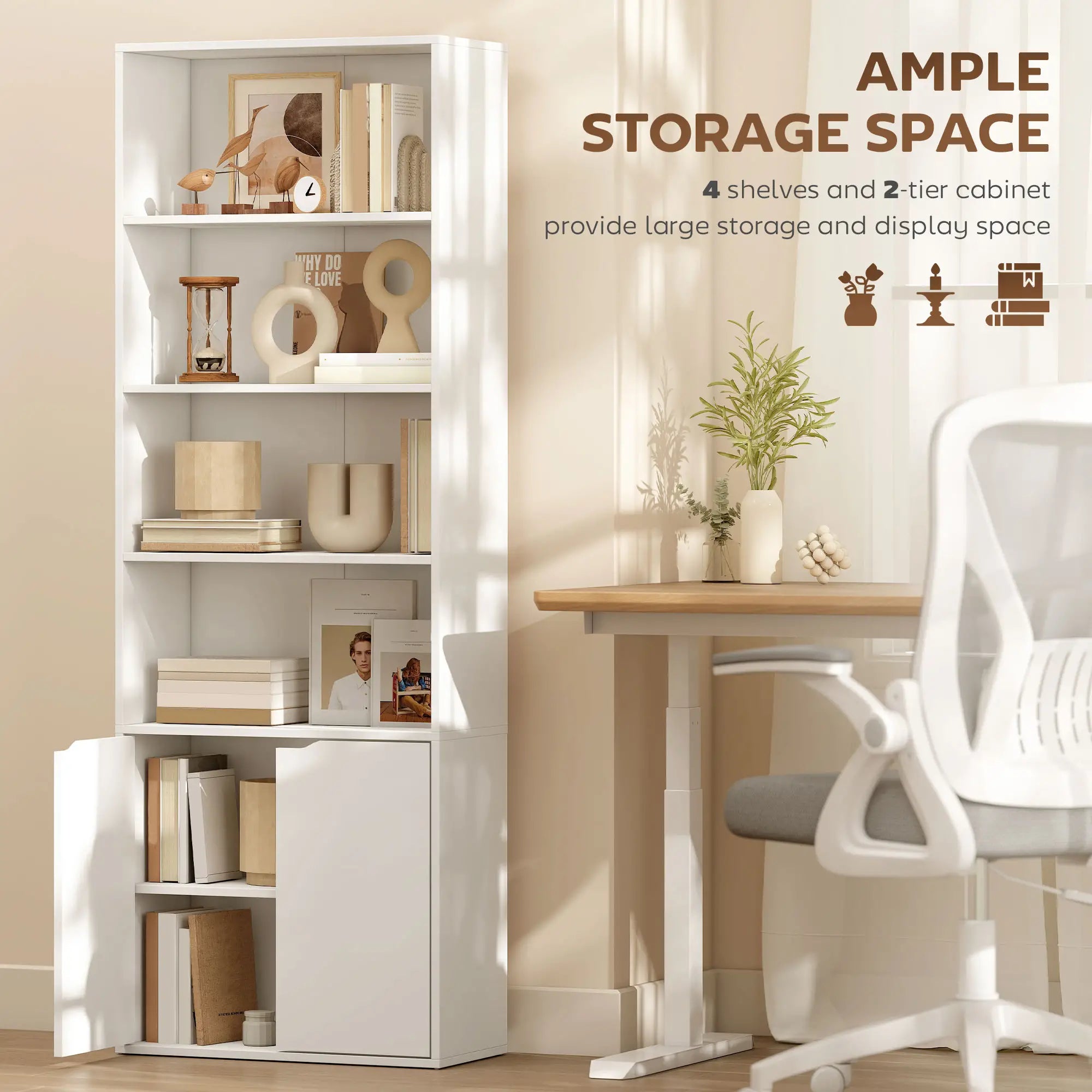 4-Tier Open Bookshelf with Doors, Home Office Bookcase, White White Bookshelves at Gallery Canada