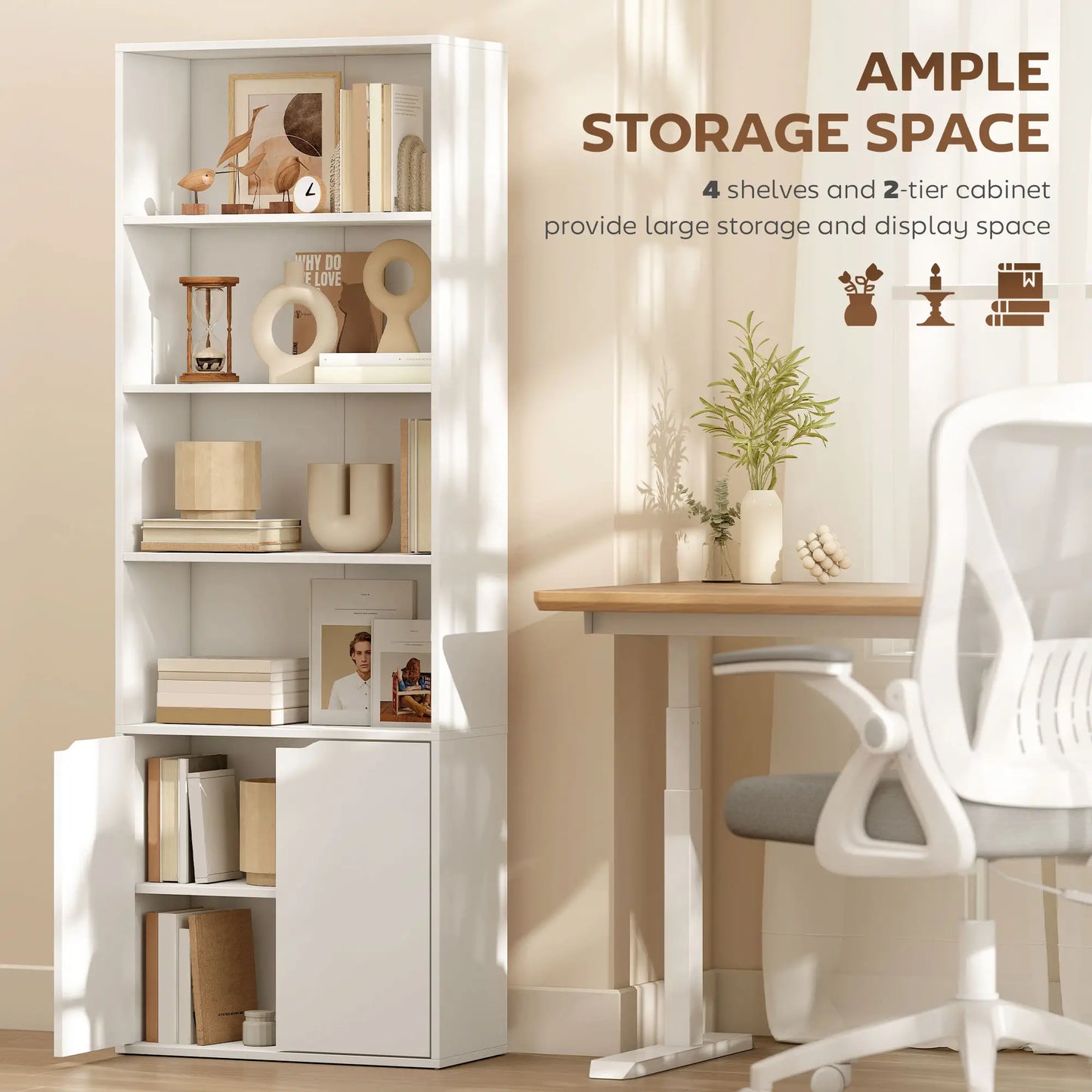 4-Tier Open Bookshelf with Doors, Home Office Bookcase, White White Bookshelves at Gallery Canada