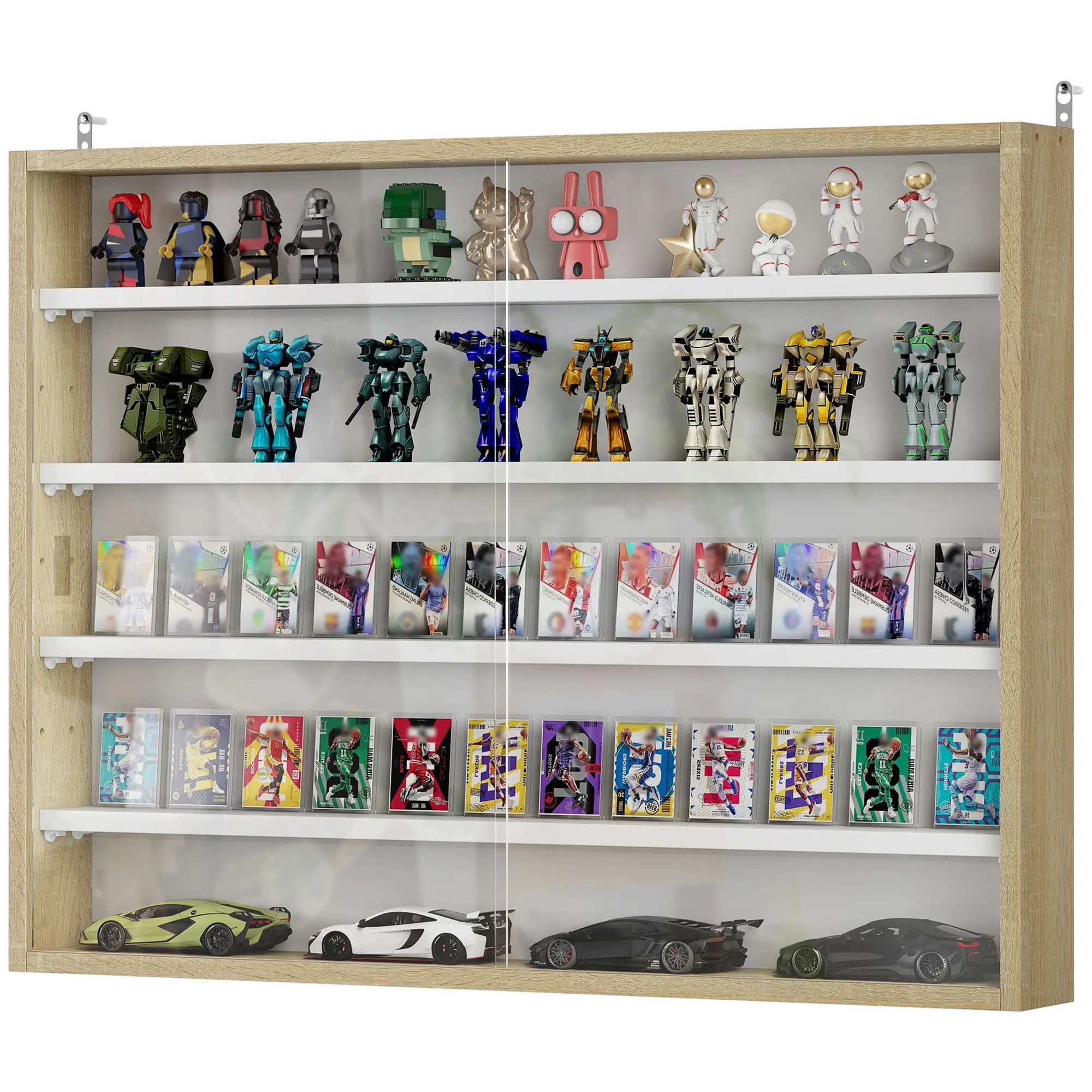 5-Tier Glass Display Cabinet, 2 Doors, 4 Adjustable Shelves, Oak Display Bookshelves Oak, White at Gallery Canada