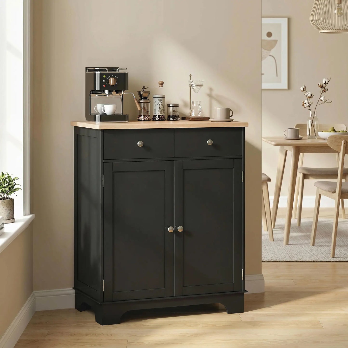 Sideboard Buffet Cabinet, 27" with Adjustable Shelf, 2 Drawers, 2 Doors, Black Kitchen Pantry Cabinets at Gallery Canada