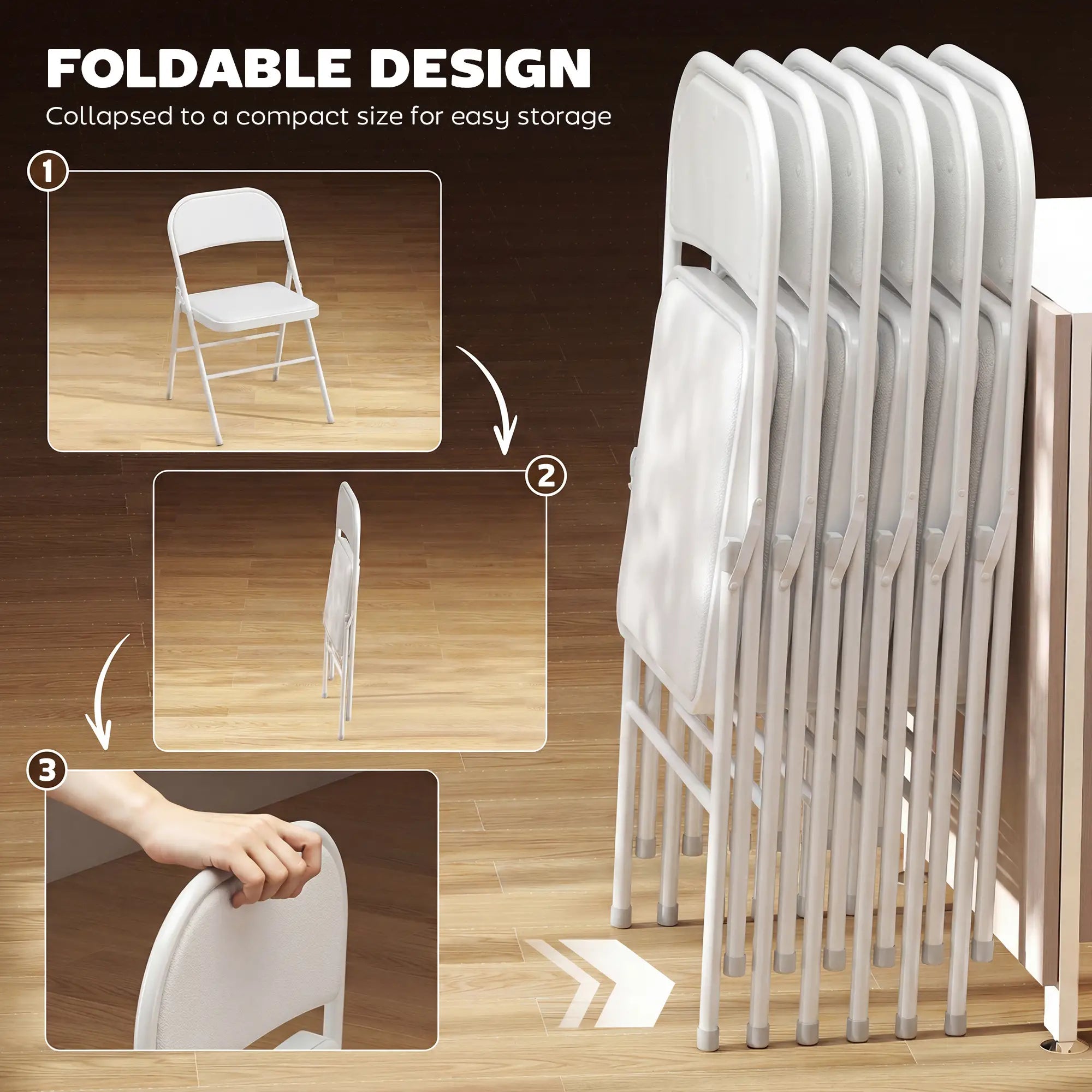 Set of 6 Foldable Chairs, PU Leather Padded, 17.5