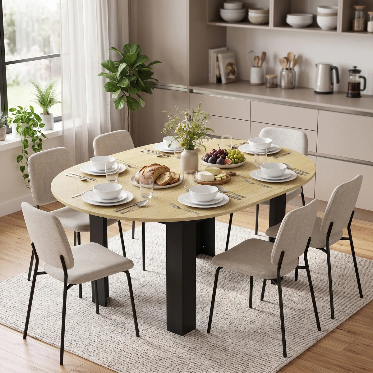 Extendable Round to Oval Dining Table, Oak Black, Black Dining Tables at Gallery Canada