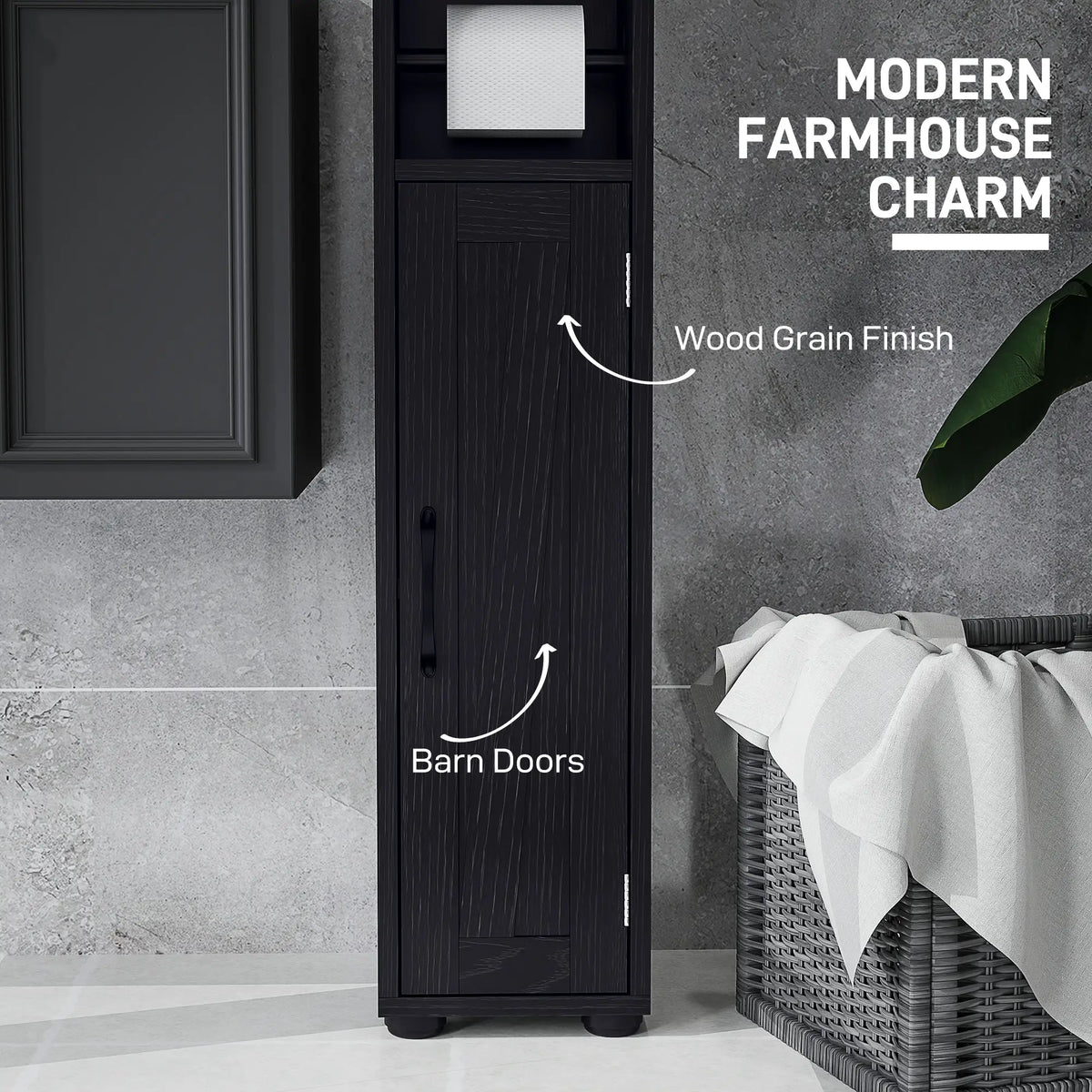 Armoire de salle de bain étroite, grand rangement avec portes de grange, grain de bois, noir