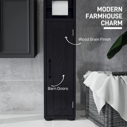 Armoire de salle de bain étroite, grand rangement avec portes de grange, grain de bois, noir