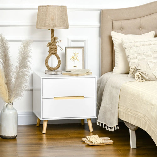 Nightstand 2 Drawers Bedside Table Solid Wood Legs, White