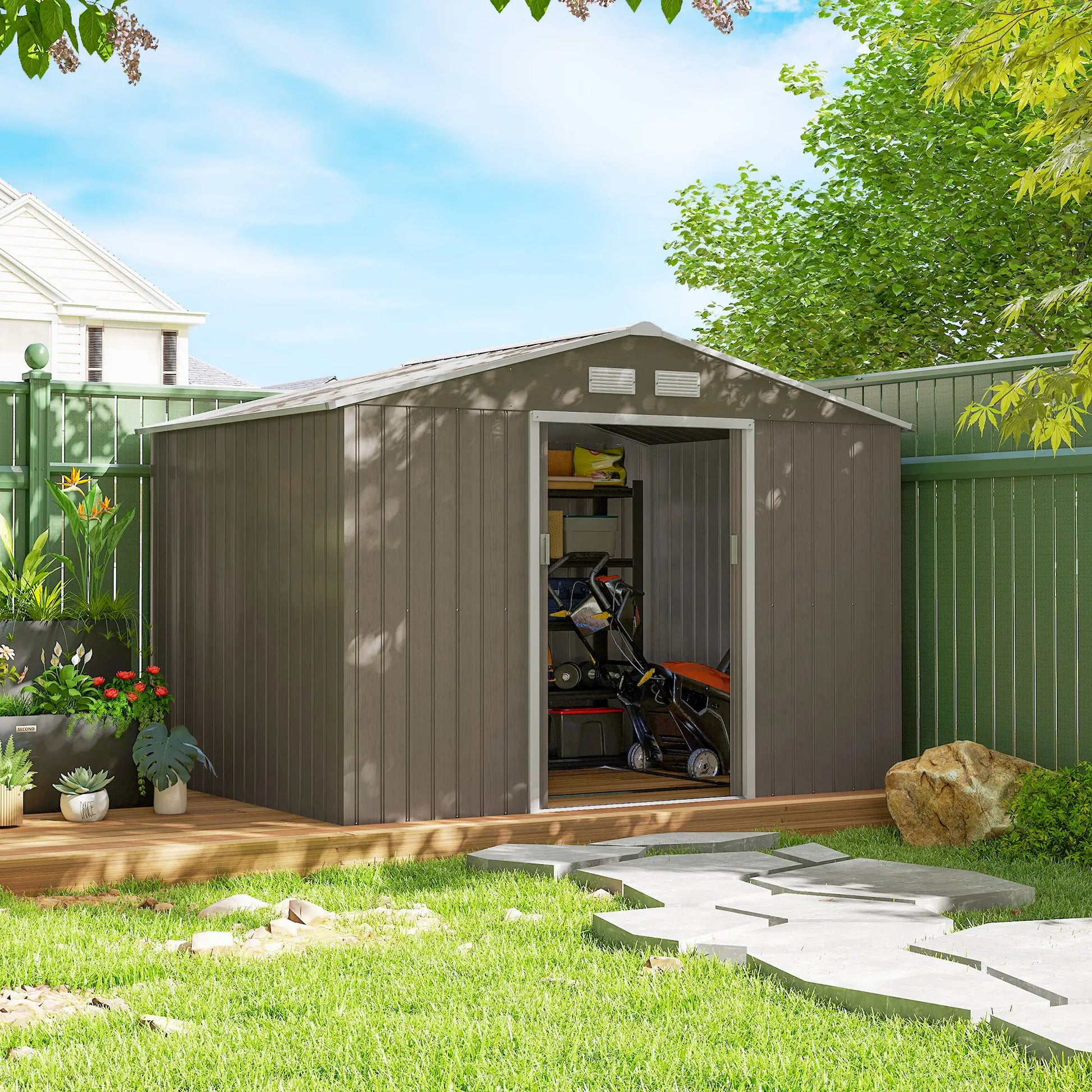 9.1'x6.4'x6.3' Garden Storage Shed, Foundation Kit, Metal Tool House, Double Doors, Light Brown Sheds at Gallery Canada