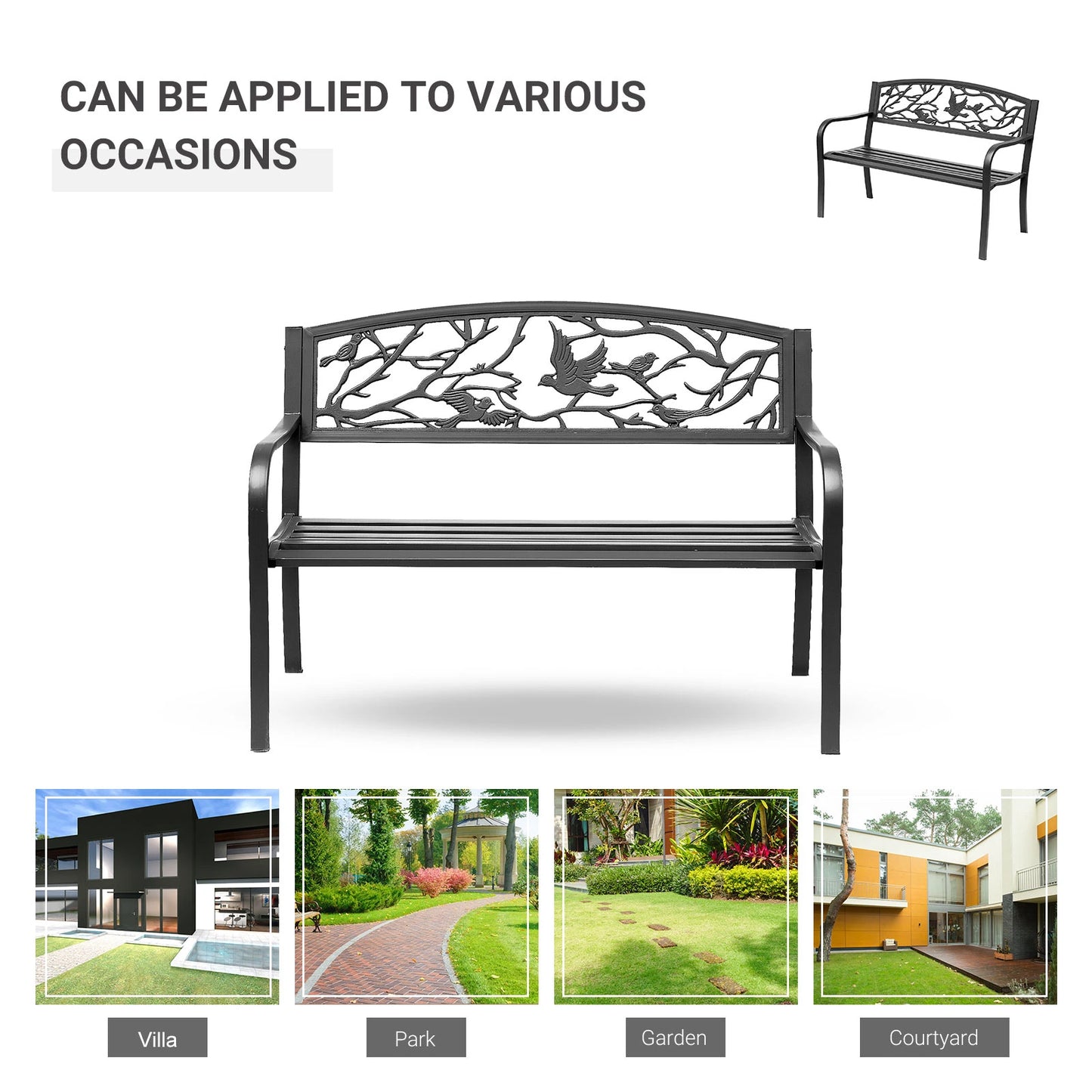 50" Garden Bench, Outdoor Loveseat, Vintage Bird Pattern, Cast Metal, Black Outdoor Benches at Gallery Canada