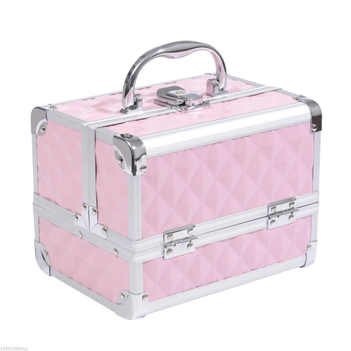 3 Tier Diamond Texture Makeup Case, Cosmetic Organizer with Mirror, Pink