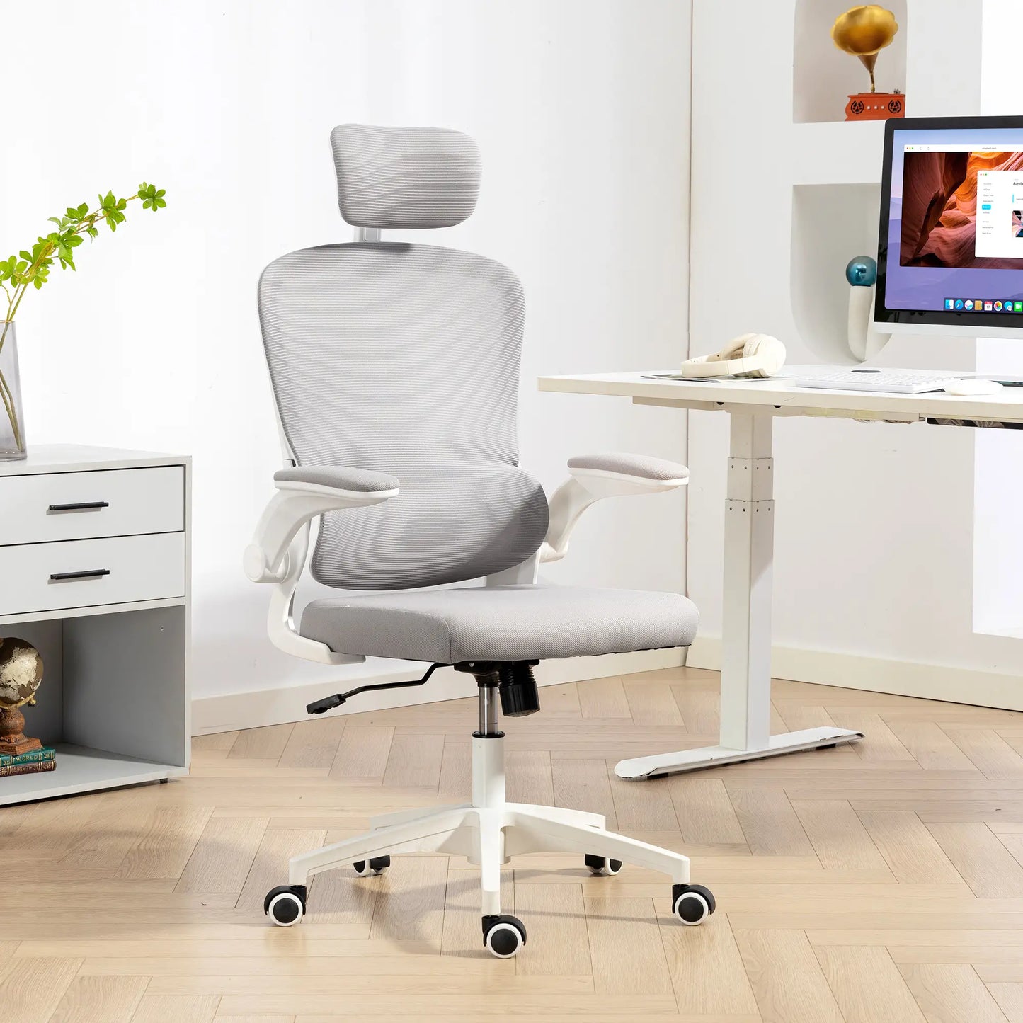 Ergonomic Mesh Office Chair, High Back, Rotatable Headrest, Flip-Up Armrests, Lumbar Support, Grey Task Chairs at Gallery Canada