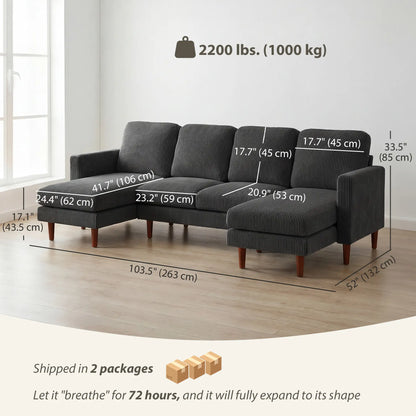 U Shaped Sectional Sofa, 2200lb Capacity, Corduroy, Double Chaise, Dark Grey 3-Seater Sofas at Gallery Canada