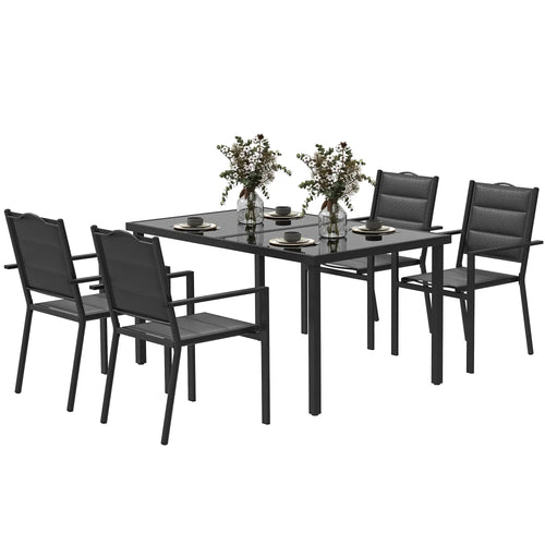 5 Piece Outdoor Dining Set, 4 Stackable Chairs, Rectangle Table, Tempered Glass Top, Steel Frame, Black