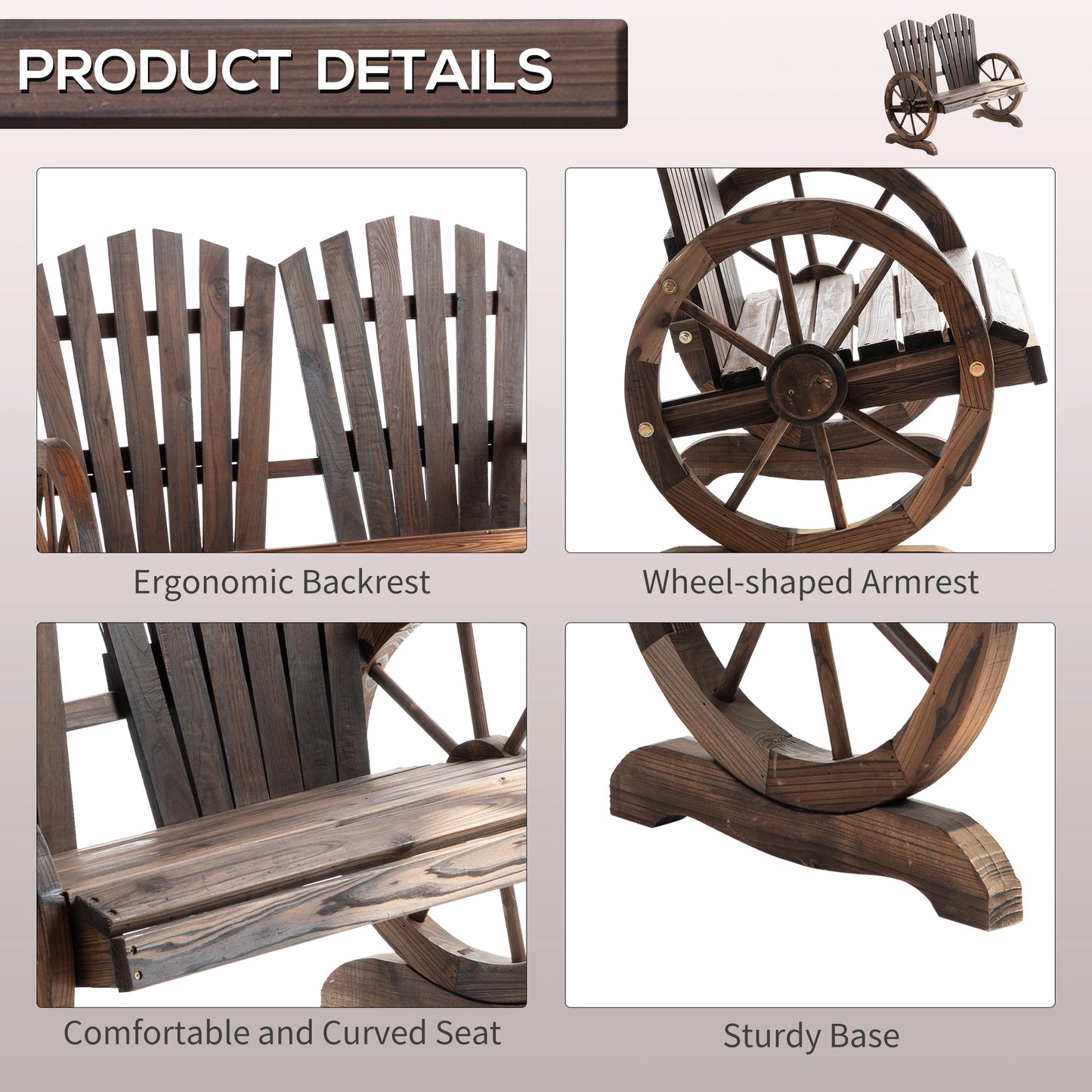 Outdoor Garden Bench, 2-Seat Wooden Patio Bench, Wheel-Shaped Armrests, Carbonized Outdoor Benches at Gallery Canada