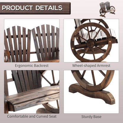 Outdoor Garden Bench, 2-Seat Wooden Patio Bench, Wheel-Shaped Armrests, Carbonized Outdoor Benches at Gallery Canada