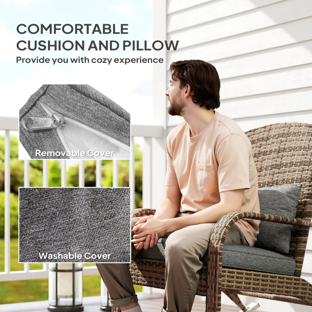 Outdoor Wicker Rocking Chair, High Back, Seat Cushion, Pillow, Grey/Yellow Outdoor Rocking Chairs at Gallery Canada