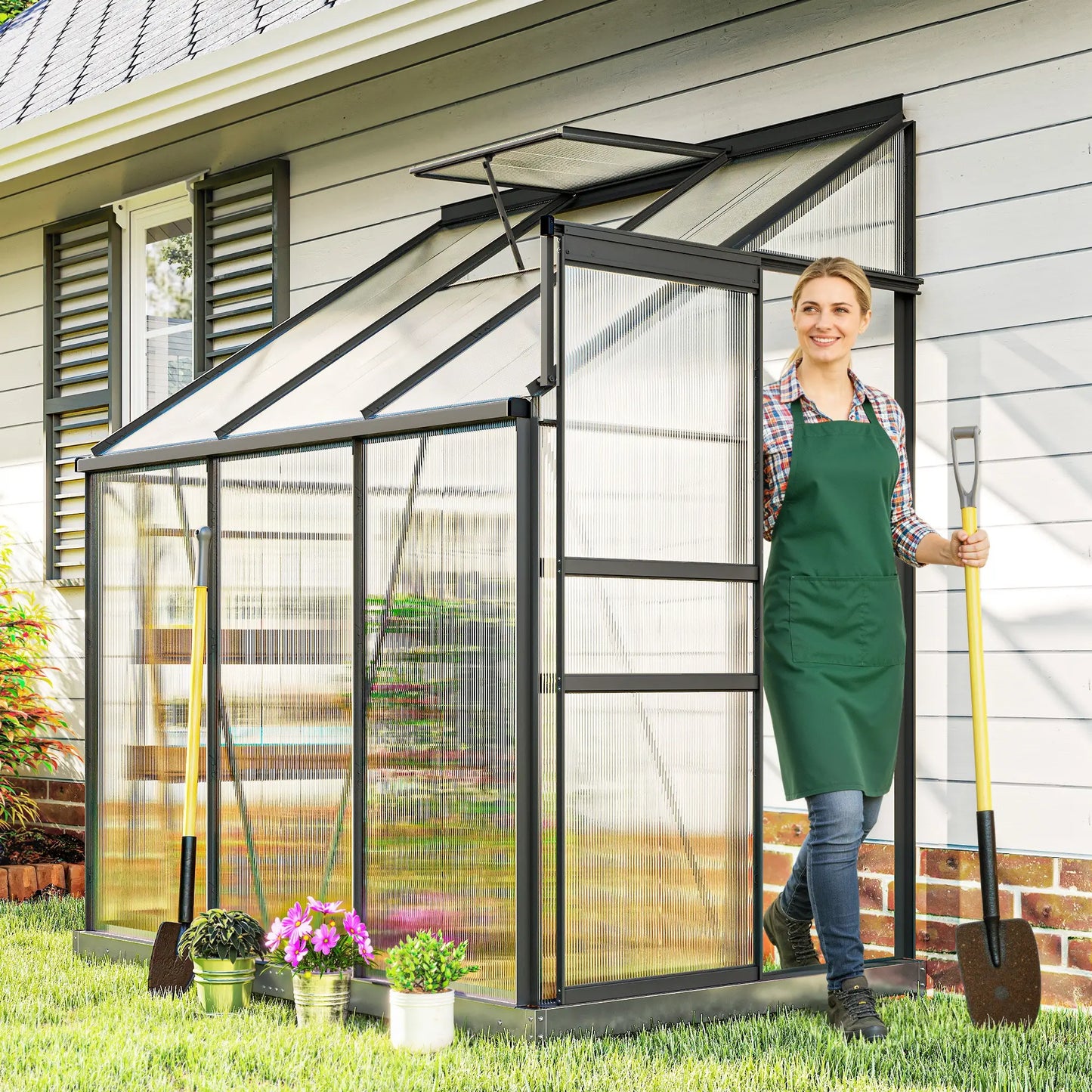 Aluminum Lean-To Greenhouse, Polycarbonate Walk-In, 6' x 4', Dark Grey Walk In Greenhouses at Gallery Canada