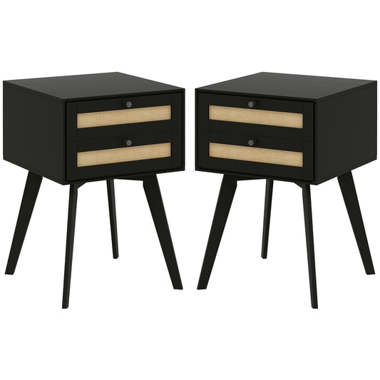 Boho Night Stands Set of 2, Rattan Drawers, Square End Tables Bedside Tables Black at Gallery Canada