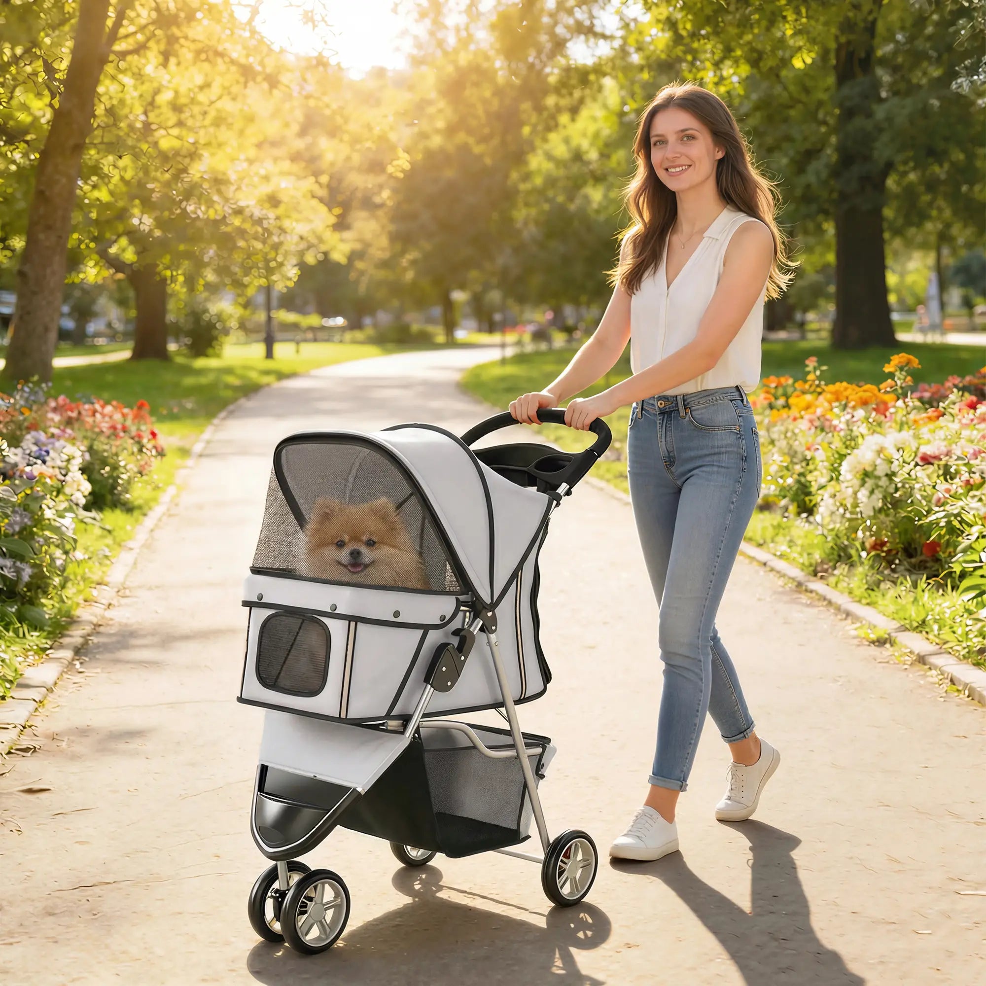 Foldable Dog Stroller, 3 Wheels, Storage Basket, Adjustable Canopy, Grey Dog Bike Trailers & Strollers at Gallery Canada