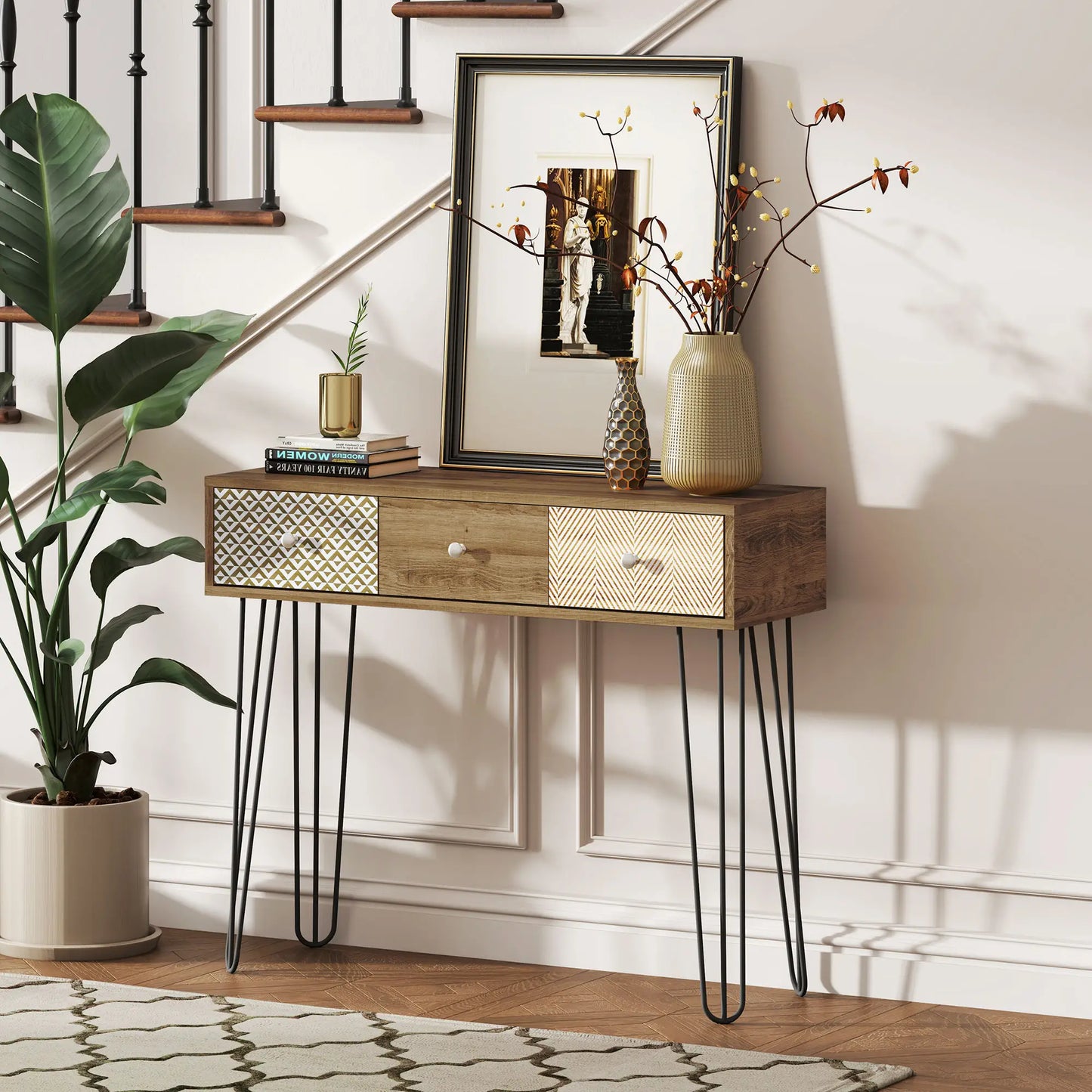 Narrow Console Table with Drawers, 35", Hairpin Legs, Brown Console Tables at Gallery Canada