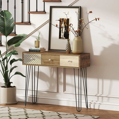 Narrow Console Table with Drawers, 35", Hairpin Legs, Brown Console Tables at Gallery Canada