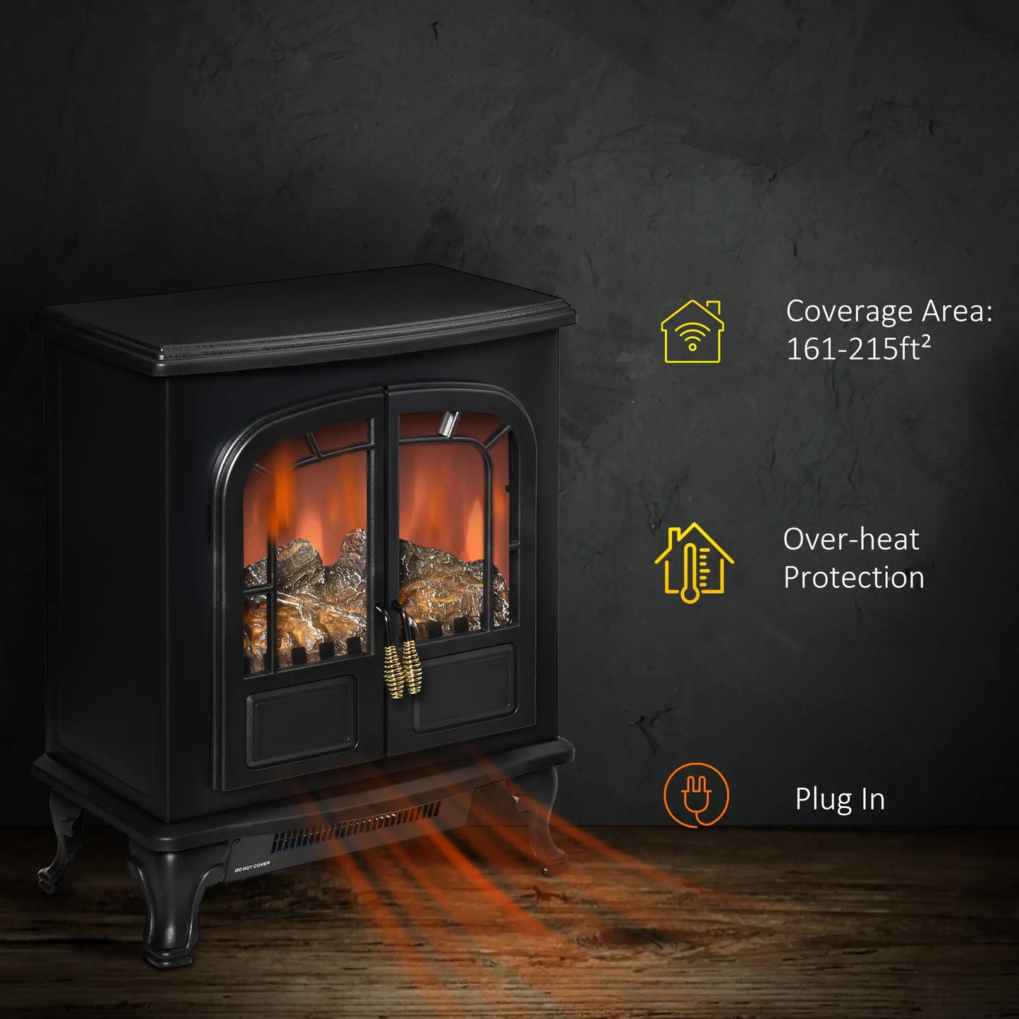 Electric Fireplace Stove Heater with LED Fire Flame Effect, Double Door, Freestanding &; Portable with Overheat Protection, 750W/1500W, Black Electric Fireplaces at Gallery Canada